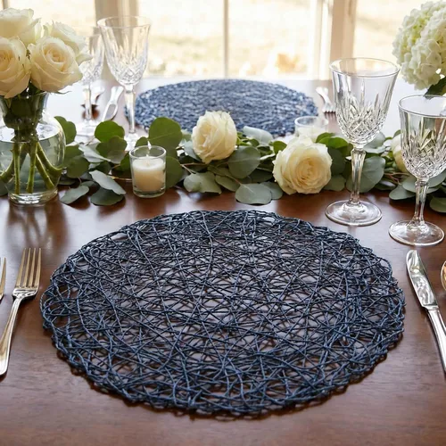 Vista 13 de Efavormart - Paquete de 6 manteles individuales redondos de 15 pulgadas con cuerda metálica beige para bodas, eventos, fiestas de cumpleaños