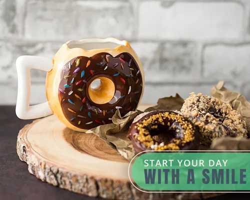 Vista 4 de Taza para café Comfify con bonito y divertido diseño de Dona, viene con frase en inglés «Mmmmm... Donuts», apta para microondas y lavavajillas