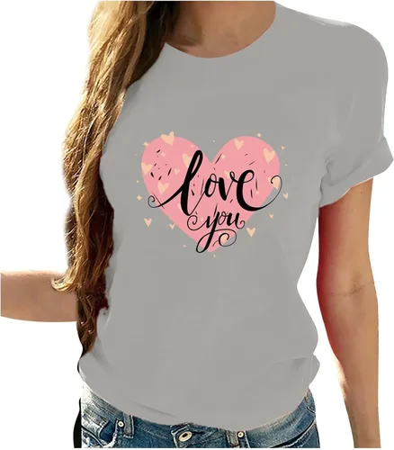 Vista 6 de Camisetas de manga corta con estampado de corazón para mujer, camisetas de ajuste regular, linda y divertida, ropa de regalo 2023
