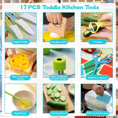Vista 3 de 16 piezas de herramientas de cocina Montessori, juego de utensilios de cocina para niños, juguete de cocinado, juego de cocina para niños pequeños