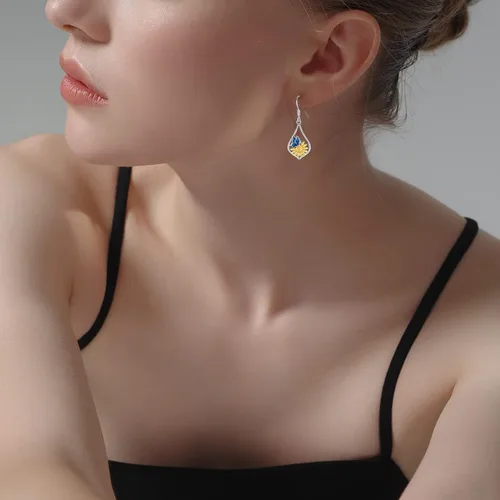 Vista 5 de Aretes colgantes de plata de ley con diseño de árbol de la vida, flor, abeja, animales, gato, colibrí, piedra lunar, turquesa, aretes con cierre