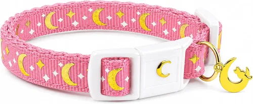 Vista 14 de waaag - Collar de seguridad para gato, con diseño de lunas y estrellas doradas, brilla en la oscuridad