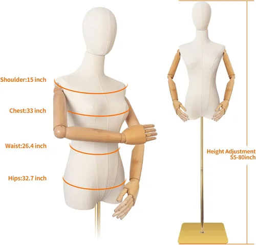 Vista 5 de Maniquí Cuerpo Vestido Femenino Forma Lino Tela Manikin Torso con Cabeza Desmontable Altura Ajustable Soporte de Metal, Dos Manos de Madera