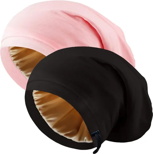 Vista 14 de 2 gorros de seda ajustables para dormir, gorro de dormir con forro de satén para mujeres y hombres, gorro de seda para el cabello holgado.