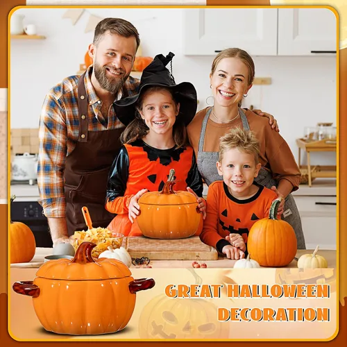 Vista 5 de Uiifan 2 cuencos de calabaza de cerámica para cocinar Acción de Gracias, cacerola de 17 onzas, plato de sopa naranja, lindo recipiente seguro