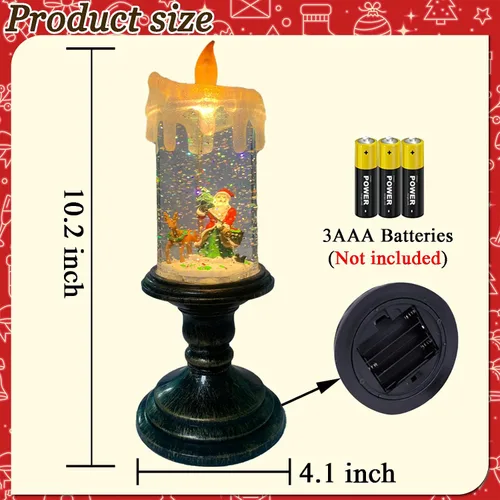 Vista 7 de Velas sin llama parpadeantes de Navidad, diseño de globo de nieve, luz de vela, agua arremolinada con purpurina, velas giratorias con temporizador