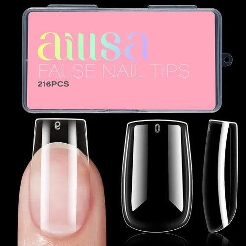 Vista 14 de AILLSA - Puntas de uñas de almendra medianas, 216 puntas de gel transparentes para bricolaje Full Cover, No Extra Filing Needed, Nails Extension