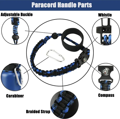 Vista 7 de Paracord Handle for Hydro Flask Water Bottles Standard/Wide Mouth, Strap Holder with Safety Rubber Ring & Carabiner, Easy to Carry and Durable