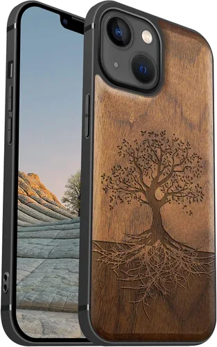 Vista 9 de Carveit Funda magnética de madera para iPhone 13 [madera real dura y TPU suave negro] funda protectora de madera única y elegante a prueba de golpes