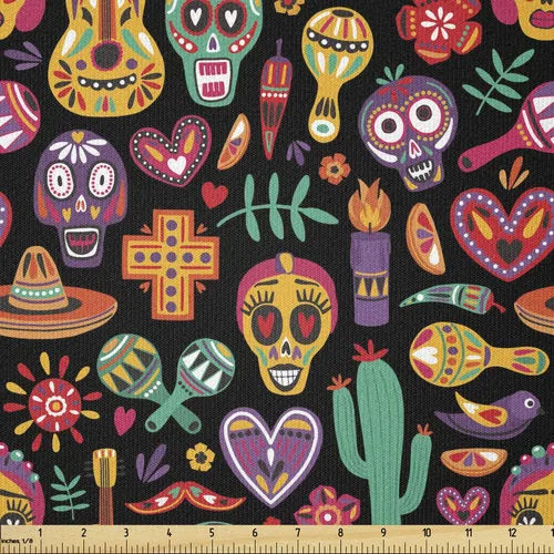 Vista 37 de Ambesonne The Yard, tela de calavera colorida con temática de Halloween, diseño de calavera y huesos cruzados, divertido estampado de dibujos