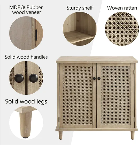 Vista 3 de Volans Armario de almacenamiento Accent con puertas de mimbre de ratán tejido, aparador para entrada, pasillo o sala de estar, chapa de madera