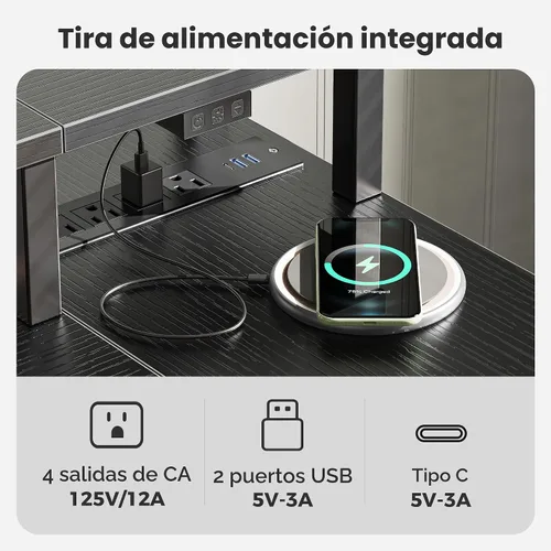 Vista 4 de SUPERJARE Escritorio para juegos en forma de L de 47 pulgadas con luces LED y tomas de corriente, escritorio reversible para computadora con Negro