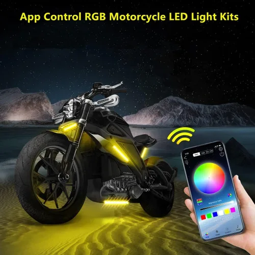 Vista 4 de 4 piezas de kits de luz LED para motocicleta, tiras de luz LED impermeables multicolor con control de aplicación, luces LED RGB sincronizadas
