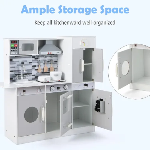 Vista 5 de INFANS Juego de cocina para niños, juego de cocina de madera con luz y sonido realistas, estufa, fregadero, microondas, armario de almacenamiento