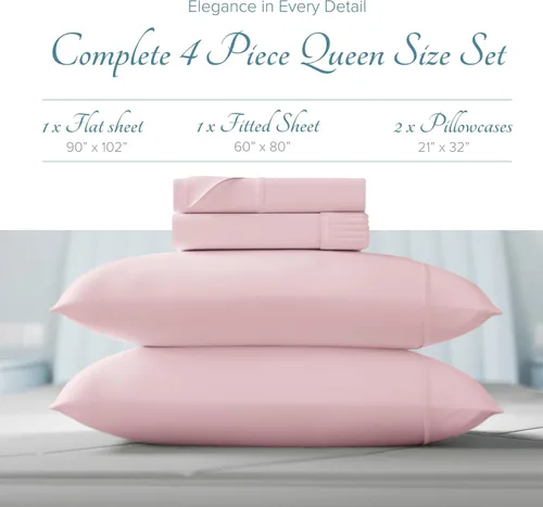 Vista 4 de Carressa Linen Sábanas de alta cantidad de hilos tamaño Queen – Serie 1000 sábanas 100% algodón egipcio tamaño Queen (4 piezas, rubor), tejido Blush