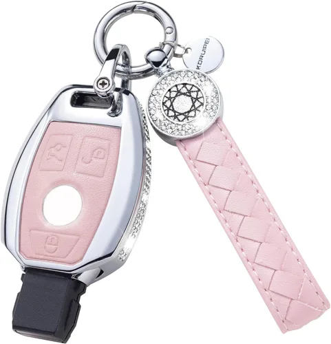 Vista 40 de Funda para llave inteligente con llavero, de piel auténtica color rosa, con cristales, carcasa protectora