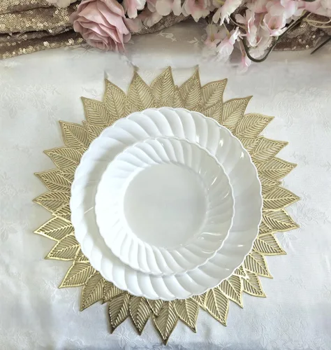 Vista 6 de Paquete de 10 manteles individuales metálicos de vinilo prensado/mantel individual decorativo de boda (Dhalia-dorado mate)