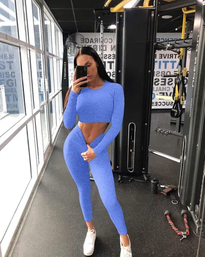 Vista 5 de OYS Conjuntos de entrenamiento para mujer trajes de 2 piezas sin costuras cintura alta leggings de yoga de manga larga camiseta corta para gimnasio