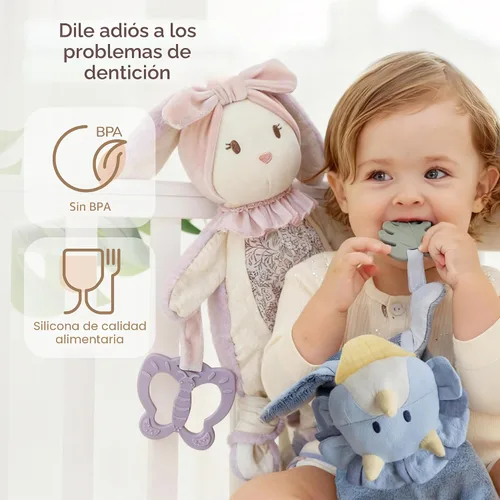 Vista 3 de Moonkie Baby Lovey con mordedor de silicona, manta de seguridad de dinosaurio con cintas texturizadas, juguetes arrugados, terciopelo Minky suave