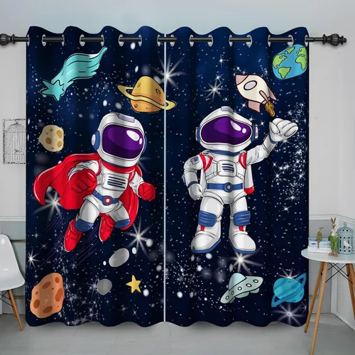 Vista 8 de Cortina opaca con diseño de dibujos animados para niños, diseño de luna, estrellas, planetas, cortinas de oscurecimiento con ojales inoxidables Azul