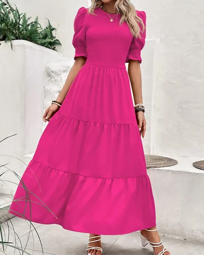 Vista 151 de BTFBM Vestidos para mujer, cuello redondo, casual, de verano, con volantes, manga corta, bohemio, con niveles, fruncido, largo, con estampado floral