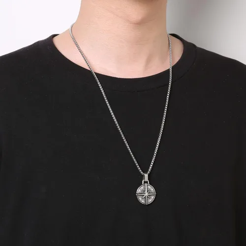 Vista 2 de HZMAN Collar de brújula náutica vikinga para hombres y niños, acero inoxidable, vintage, marinero, vegvisir, brújula, amuleto, joyería de regalo