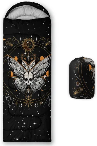 Vista 22 de HOSIMA Saco de dormir de mariposa para adultos y niños para campamento, saco de dormir ultraligero gótico negro para clima frío y verano.