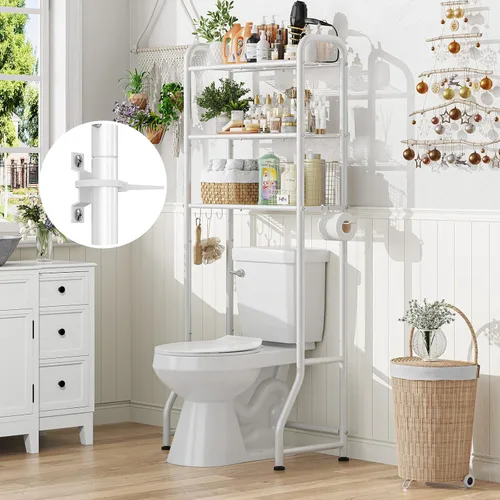Vista 4 de Simple Trending Estante de almacenamiento sobre el inodoro, estante organizador de baño de metal de 3 niveles con soporte para papel y 3 ganchos