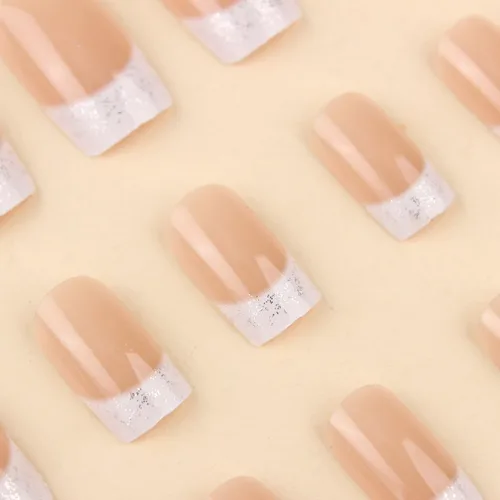 Vista 3 de 24 uñas postizas a presión con punta francesa, cuadradas, medianas, con brillantina, con diseño de degradado blanco, uñas postizas reutilizables
