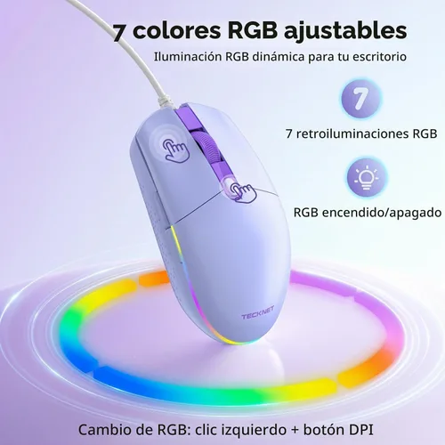 Vista 4 de TECKNET Ratón con cable con retroiluminación RGB, ratón de tamaño completo Púrpura