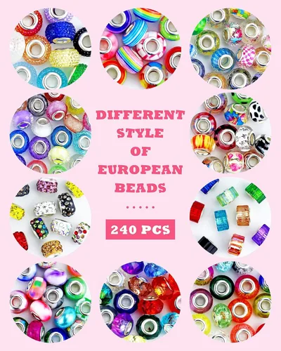 Vista 6 de 240 cuentas europeas surtidas de agujeros grandes, cuentas espaciadoras, cuentas de diamantes de imitación para manualidades, collares, pulseras