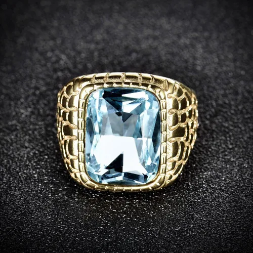 Vista 3 de Anillo grabado de acero inoxidable, color dorado, zirconia cúbica, aguamarina, azul sintético, de lujo, para hombre, de MASOP