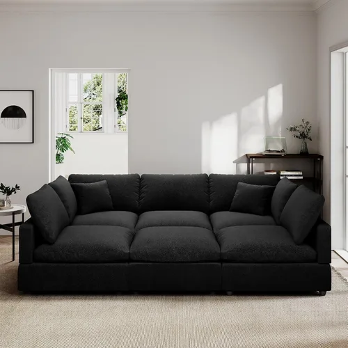 Vista 46 de Sofá seccional moderno de lino en forma de L para sala de estar, sofás modulares con relleno de plumón, fundas de cojín de sofá desmontables, sofá