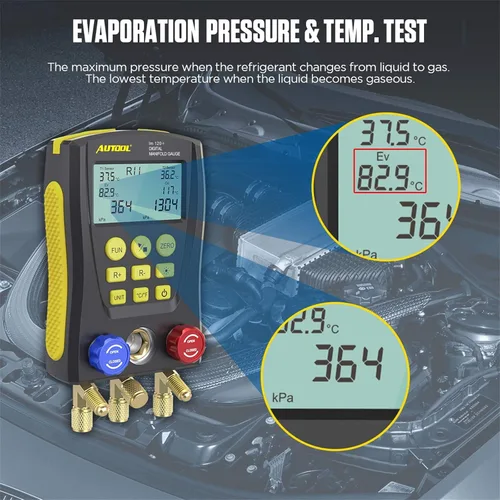Vista 2 de Medidor de colector digital de refrigeración, kit de probador de temperatura de presión de vacío HVAC con clip de prueba y tubería para probar