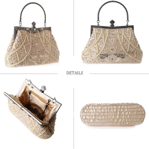 Vista 3 de DA BODAN Bolso de noche para mujer estilo vintage con cuentas y lentejuelas y perlas bolso de hombro para boda novia fiesta de graduación