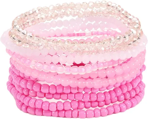 Vista 14 de Caiyao 12 pulseras apilables con cuentas de resina multicapa bohemia, pulseras elásticas de cuentas de cristal de colores, pulseras elásticas