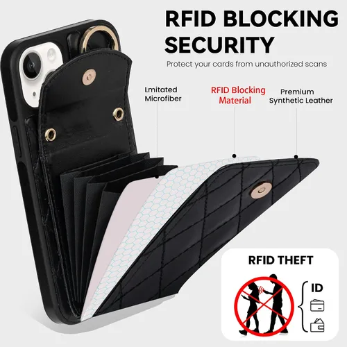 Vista 4 de Funda para iPhone 15 Plus de 6.7 pulgadas, cartera cruzada con bloqueo RFID, 4 ranuras para tarjetas, soporte de anillo de 360°, funda protectora