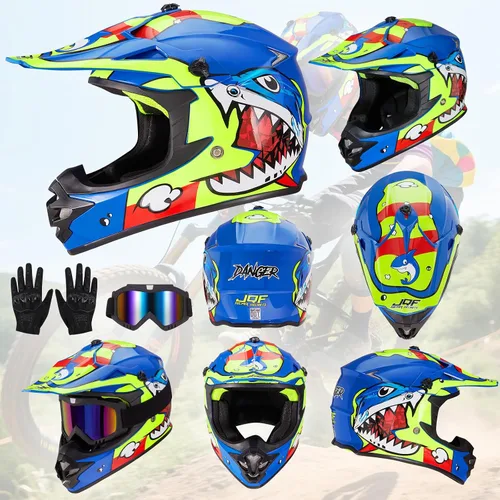 Vista 5 de cascos para niños y jóvenes de bicicleta todoterreno, motocross, ATV, BMX, MX, bicicleta todoterreno, casco de motocicleta J-01 con gafas y guantes