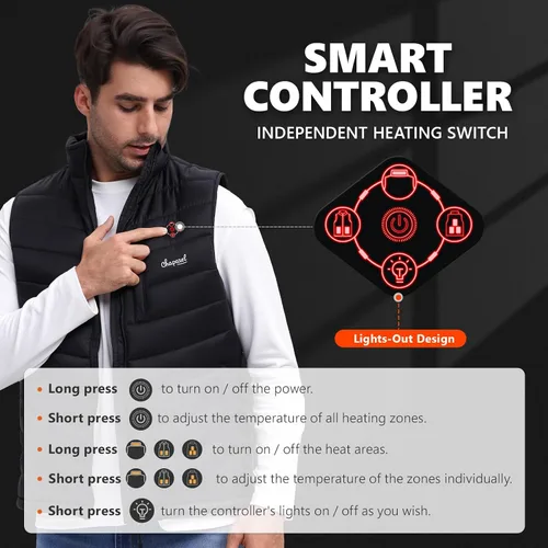 Vista 2 de Chaleco térmico para hombre con batería incluida, chaleco de calefacción eléctrico recargable de 7.4 V, temperatura inteligente. Control