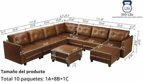 Vista 2 de LLappuil Sofá modular de piel sintética de 9 plazas con almacenamiento, sofá cama convertible en forma de U con diván, impermeable y agradable al