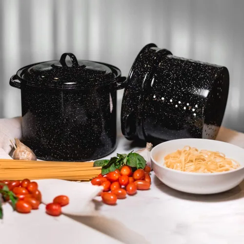 Vista 3 de Granite Ware Juego de 3 ollas multiuso para pasta de 7.5 cuartos de galón, olla coladora con tapa. (negro moteado) mariscos, sopas, salsa, gran