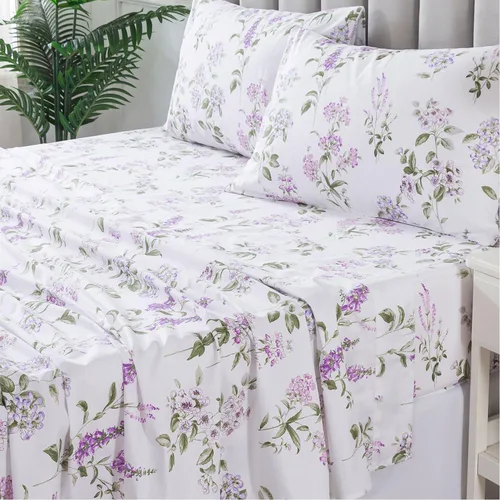 Vista 11 de FADFAY Juego de sábanas tamaño King, sábanas de algodón percal rosa floral con bolsillo profundo, ropa de cama vintage lujosa azul con estampado