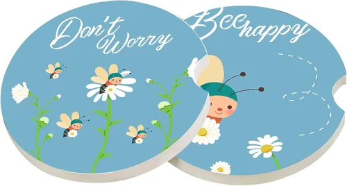 Vista 6 de LogHog Posavasos de cerámica para automóvil de 2.56 pulgadas, diseño adorable de abeja: no te preocupes, Bee Happy - Portavasos perfectos