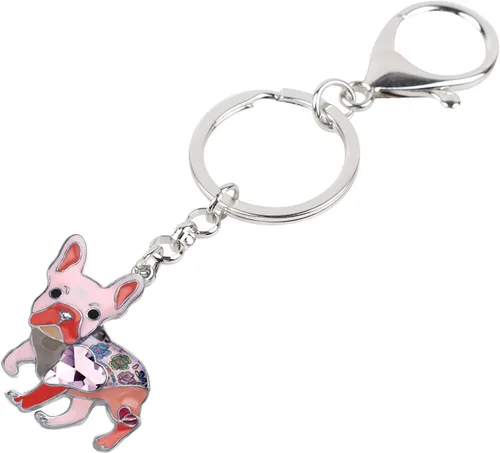 Vista 4 de Bonsny - Llavero de metal esmaltado con forma de corazón con diamantes de imitación, diseño de bulldog francés, para mujeres, niños, bolso de coche