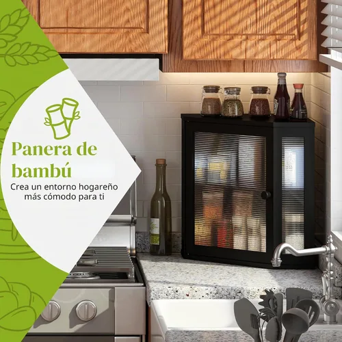Vista 2 de Caja de pan de esquina BMOSU para encimera de cocina de doble capa de bambú contenedor de pan de madera de gran capacidad (negro, mediano)