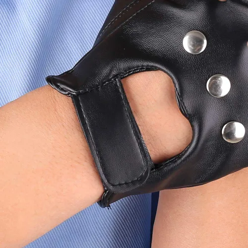 Vista 4 de JISEN Guantes de cuero PU para hombre, guantes steampunk góticos de medio dedo con gancho