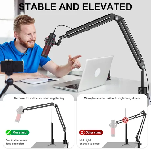 Vista 2 de Brazo de suspensión para micrófono Aokeo AK-45, soporte de escritorio ajustable y compacto para micrófono de suspensión tipo tijera para Blue Yeti