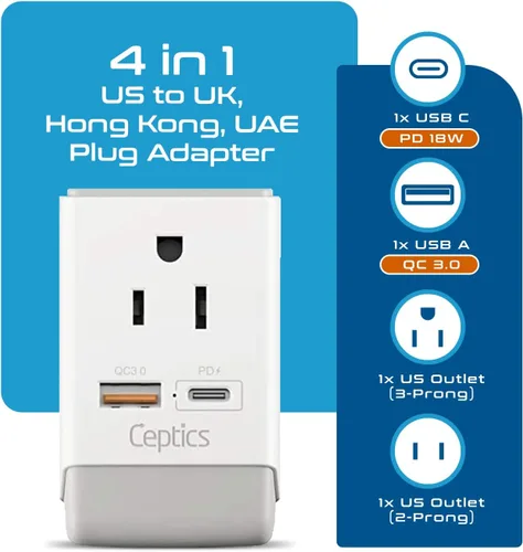 Vista 2 de Ceptics - Adaptador de enchufe para Reino Unido, Irlanda, Hong Kong, enchufe de corriente internacional con USB y USB-C - 2 tomas de EE. UU., QC 3.0