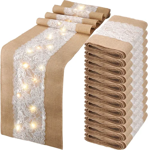 Vista 7 de Xinnun 6 piezas de camino de mesa de arpillera con luces de 12 x 108 pulgadas, camino de mesa de encaje de arpillera, decoración rústica de boda