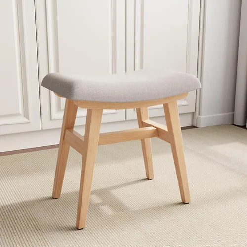 Vista 15 de Taburete de tocador pequeño de madera maciza, silla de maquillaje compacta con cojín de sillín, asiento de esponja de alto rebote cubierto de lino